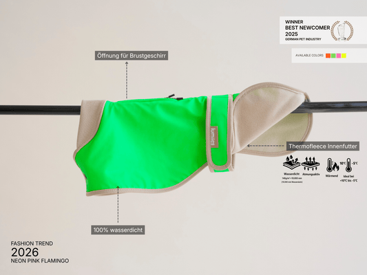 THE GLOW RAINCOAT regular - fit – Wasserdichter Hundemantel in Neongrün - lumiies - high visibility