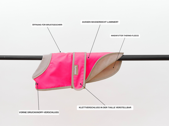 Ausstattung des Regenmantels für Dackel und kleine Hunde in Neonpink: Öffnung für das Brustgeschirr, Innenfutter aus Thermo-Fleece, in der Taille verstellbarer Klettverschluss, Druckknopf-Verschluss