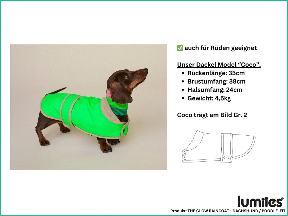 THE GLOW RAINCOAT (wasserdichter Hundemantel für kleine Hunderassen & Dackel) / B-Ware - lumiies - high visibility