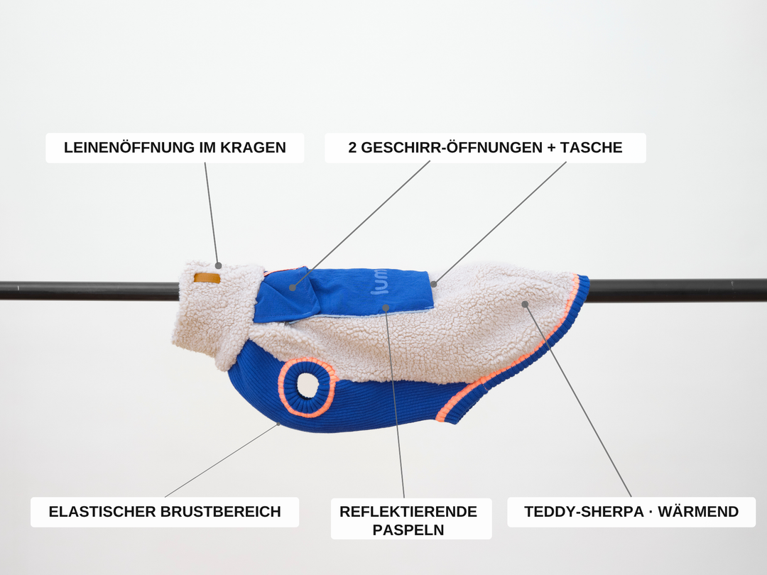 Ausstattung des Sherpa-Hundepullovers in Beige mit Blau: Leinenöffnung im Kragen, zwei Geschirröffnungen mit Tasche, elastischer Brustbereich, reflektierende Paspeln, wärmender Teddy-Sherpa