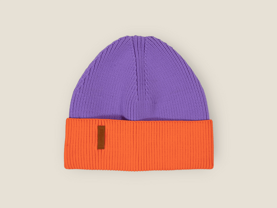The Glow Beanie 2.0 – Lilac und Neon Orange Strickmütze für Sport, Spaziergänge & kalte Tage von lumiies®