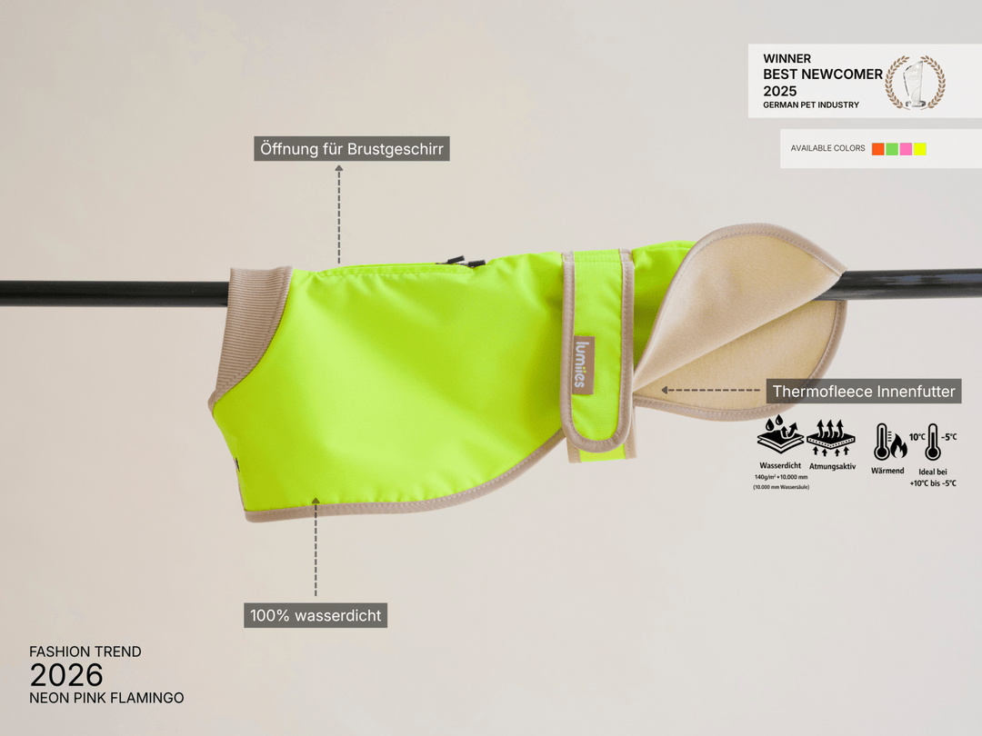 THE GLOW RAINCOAT regular - fit – Wasserdichter Hundemantel in Neongelb - lumiies - high visibility