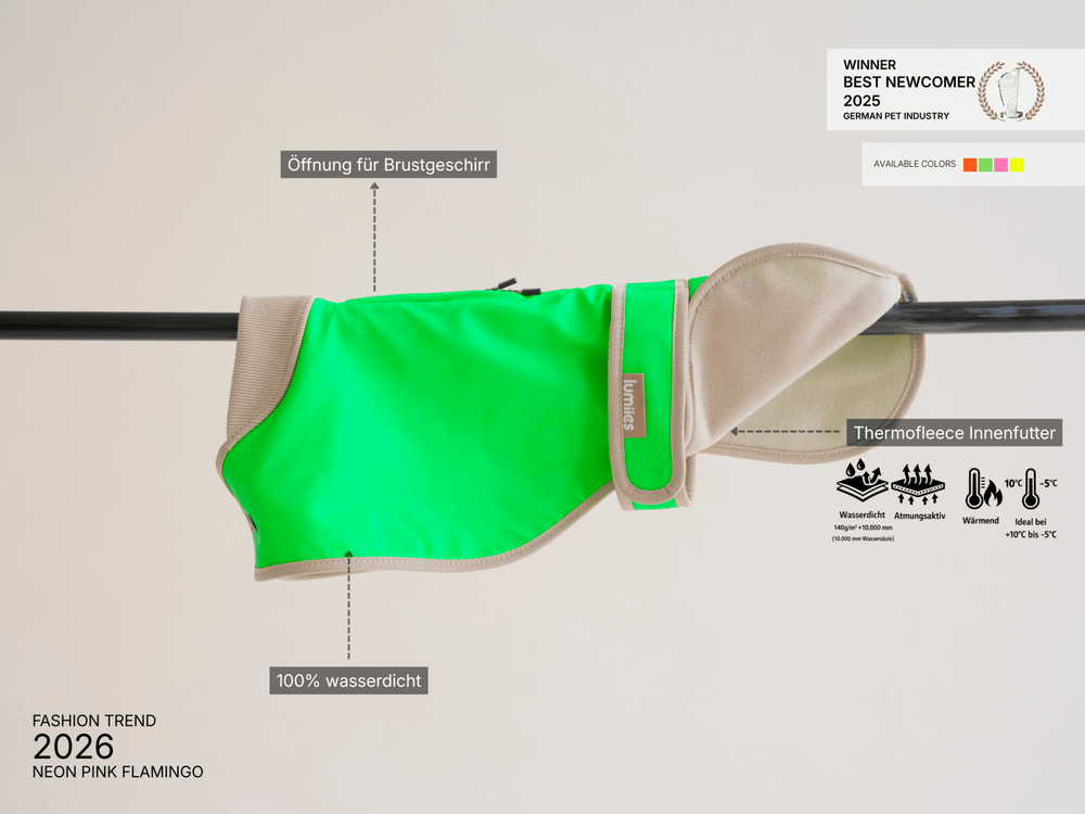 THE GLOW RAINCOAT regular - fit – Wasserdichter Hundemantel in Neongrün - lumiies - high visibility