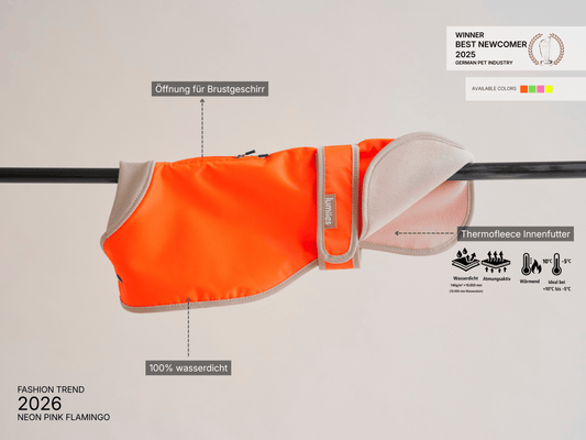 THE GLOW RAINCOAT regular - fit – Wasserdichter Hundemantel in Neonorange - lumiies - high visibility