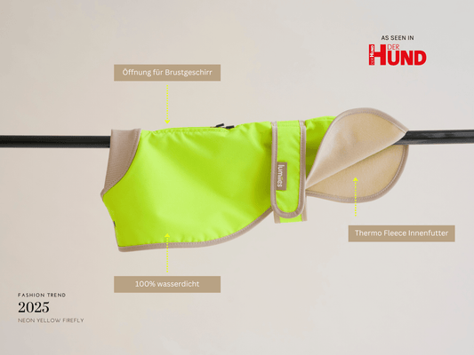 Glow Raincoat regular-fit Neongelb – wasserdichter Hundemantel für Windhunde & Galgo